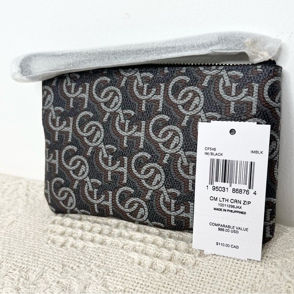 Coach Corner Zip Wristlet CF458 Black Monogram Print Coated Canvas Pouch Bag - Picture 1 of 9